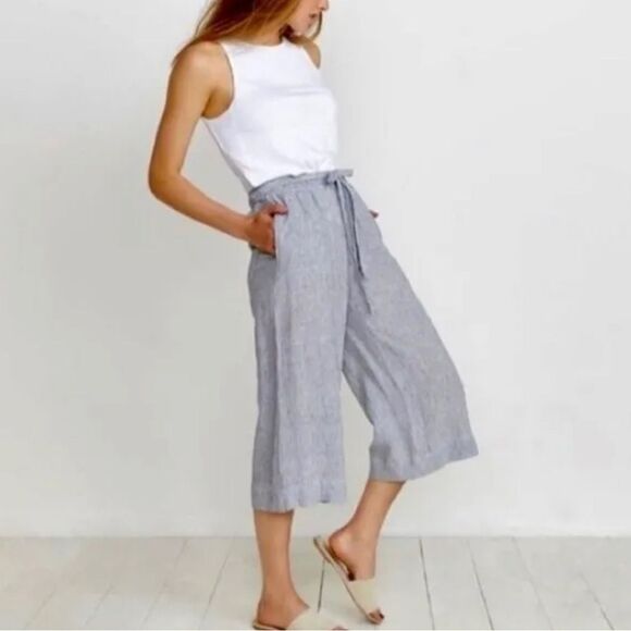 Marine Layer Aly Striped Wide Leg Linen High Waist Cropped Pants - Picture 1 of 6